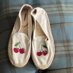 Soludos Cream and Red Espadrilles with Cherry Detail